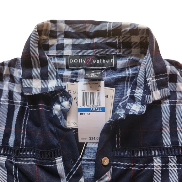 Polly & Esther Navy Blue Plaid Button Down Shirt Size Small - Picture 3 of 6